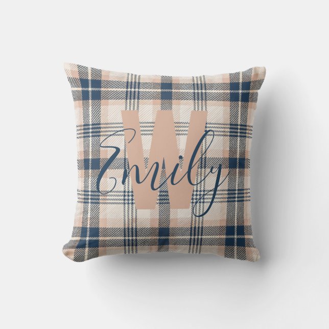 Coussin Monogramme de crème bleue Tartan moderne (Recto)