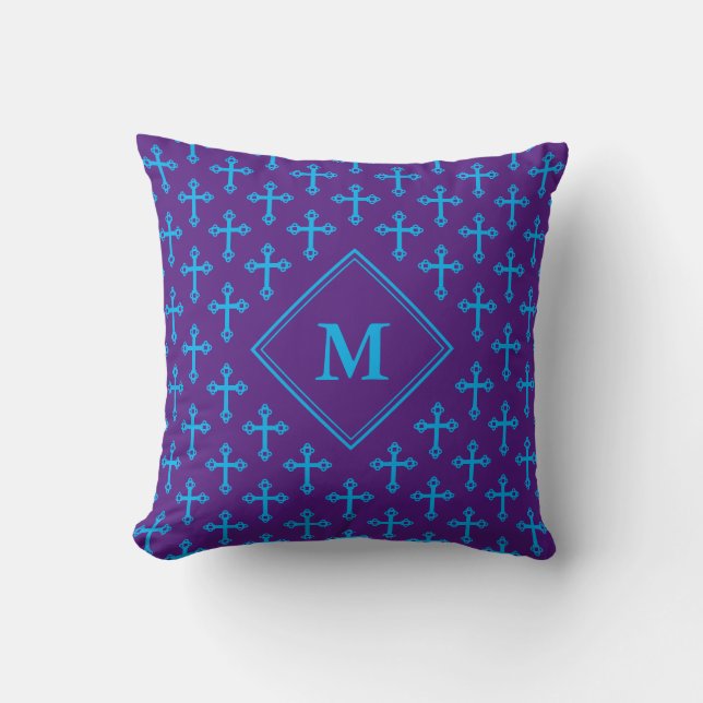 Coussin Monogramme de CROIX bleu cygne moderne (Recto)