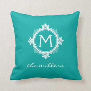 Coussin Monogramme de famille de flocon de neige dans bleu