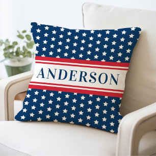 Coussin Monogramme de famille rayé étoilé patriotique