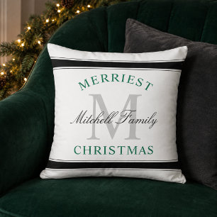 Coussin Monogramme de famille vert Noël le plus joyeux Fêt