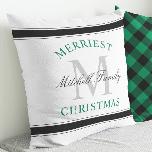 Coussin Monogramme de famille vert Noël le plus joyeux Fêt