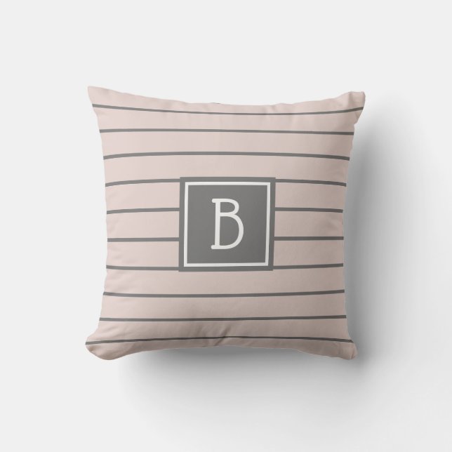 Coussin Monogramme de Ferme Moderne Rayé Rose & Gris (Recto)
