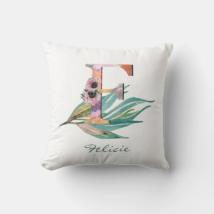 Coussin Monogramme de feuillage à l'aquarelle personnalisé