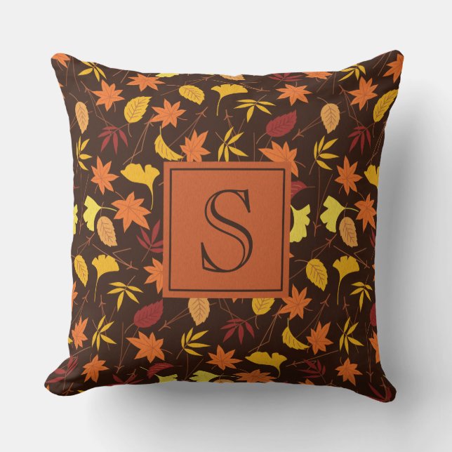 Coussin Monogramme de feuilles d'automne orange marron et  (Recto)