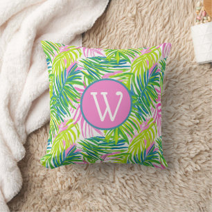 Coussin Monogramme de feuilles de palmier rose et vert Pré