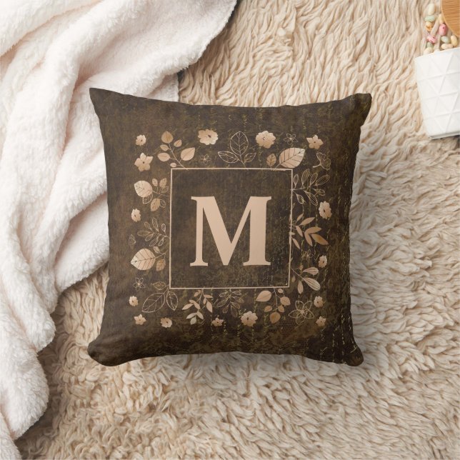 Coussin Monogramme de feuilles marron or élégant et stylé (Couverture)