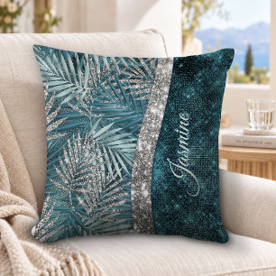 Coussin Monogramme de feuilles pailletées turquoise argent