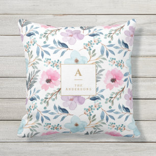 Coussin Monogramme de fleurs aquarelles bleu pastel mignon
