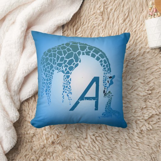 Coussin Monogramme de Girafe Mère et Bébé| bleu (Couverture)