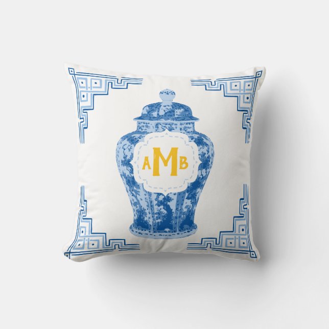 Coussin Monogramme de la boîte de gingembre bleu Chinoiser (Recto)