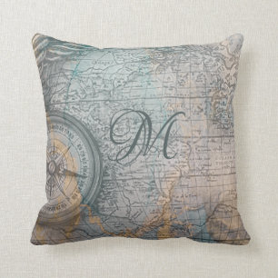 Coussin Monogramme de la carte Vintage nautique