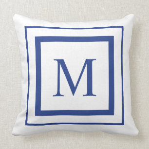 Coussin Monogramme de la frontière des carrés bleus et bla