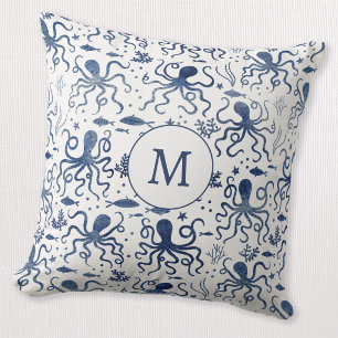 Coussin Monogramme de la pieuvre sous-marine aquarelle ble