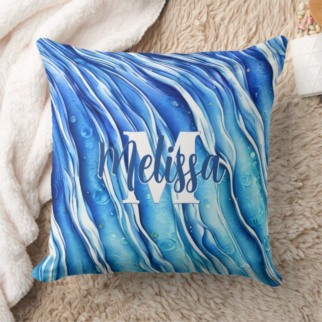 Coussin Monogramme de la vague de l'océan bleu (Couverture)