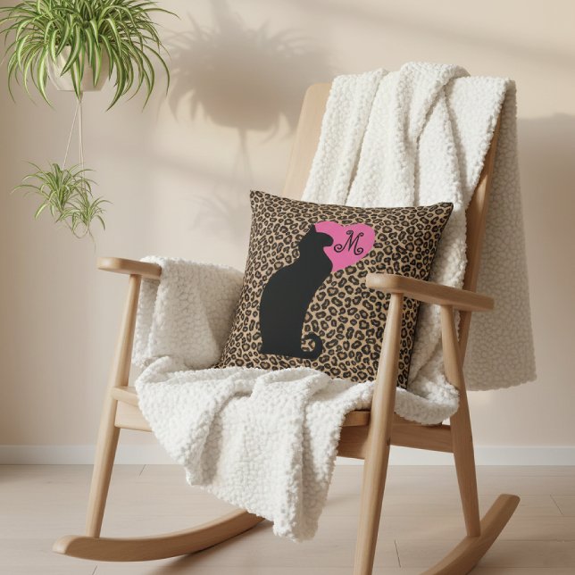 Coussin Monogramme de léopard de chat noir (Créateur téléchargé)
