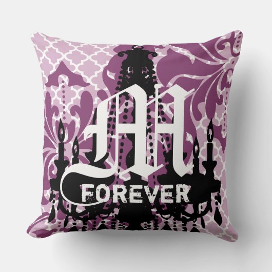 Coussin Monogramme de lustre pourpre prune avec date Maria (Recto)