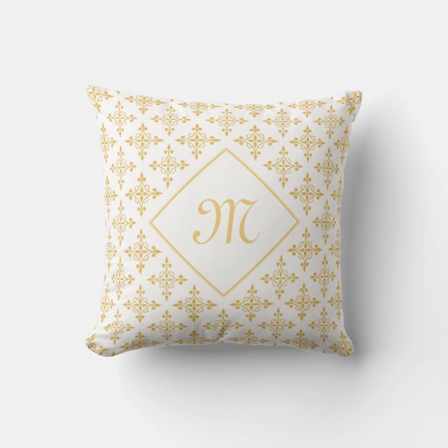 Coussin Monogramme de luxe Blanc et or Quatre Floral (Recto)