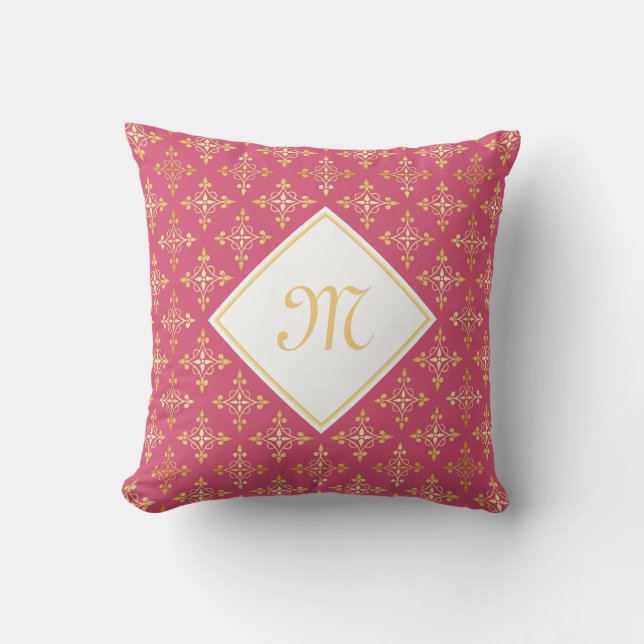 Coussin Monogramme de luxe rose et or Quatre Floral (Recto)