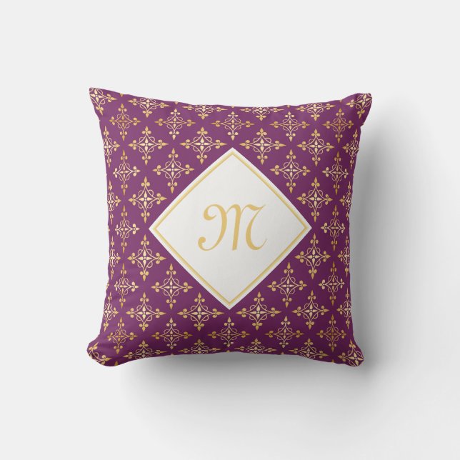 Coussin Monogramme de luxe violet et or Quatre Floral (Recto)