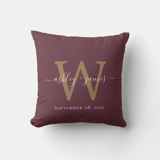 Coussin Monogramme de mariage bordeaux et or (Recto)