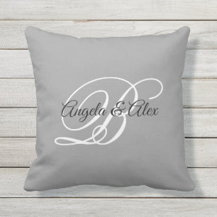 Coussin Monogramme de mariage fantaisie gris noir et blanc