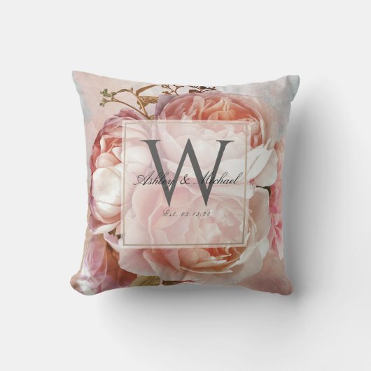 Coussin MONOGRAMME DE MARIAGE SCRIPT | Roses Roses Peonies (Recto)