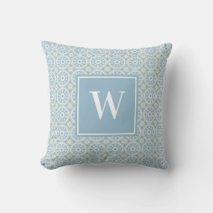 Coussin Monogramme de médaillon bleu personnalisé
