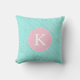 Coussin Monogramme de Motif clé Aqua et Pink Greek