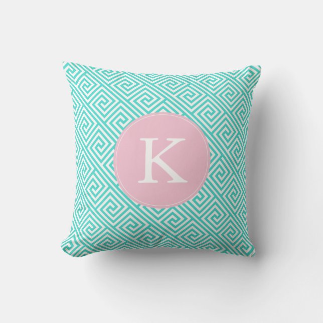 Coussin Monogramme de Motif clé Aqua et Pink Greek (Recto)