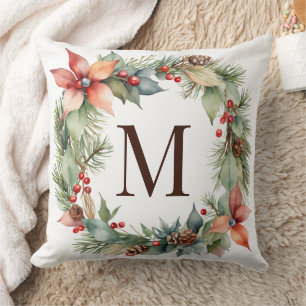 Coussin Monogramme de Noël rustique Holly Poinsettia Wreat