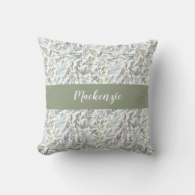Coussin Monogramme de nom à l'aquarelle botanique bleu ver (Recto)