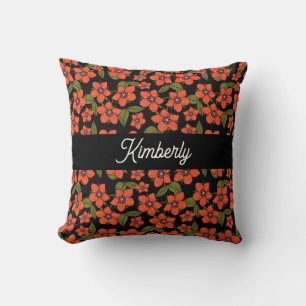 Coussin Monogramme de nom à l'aquarelle florale rouge
