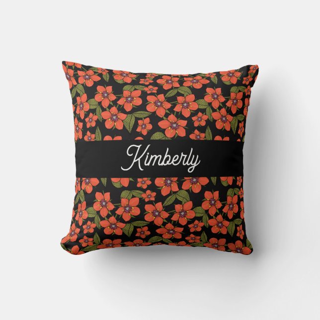 Coussin Monogramme de nom à l'aquarelle florale rouge (Recto)