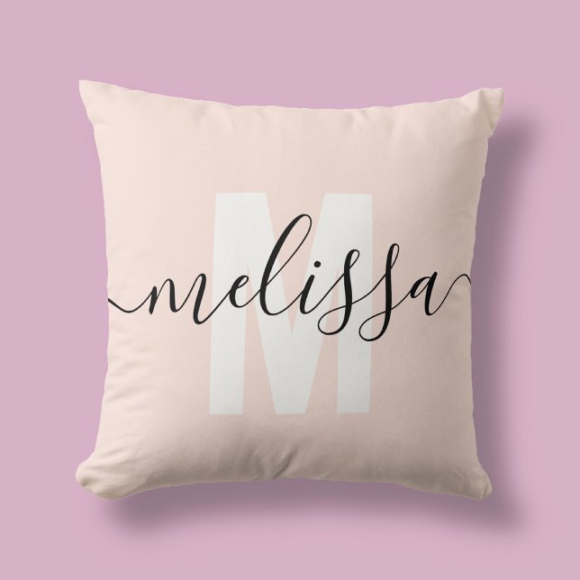 Coussin Monogramme de nom calligraphie girly rose (Créateur téléchargé)