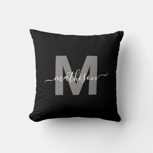 Coussin Monogramme de nom de famille élégant noir et blanc (Recto)