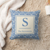 Coussin Monogramme de nom de famille en toile florale bleu (Couverture)