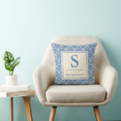 Coussin Monogramme de nom de famille en toile florale bleu (Chaise)