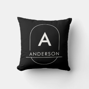 Coussin Monogramme de nom de famille minimal noir moderne