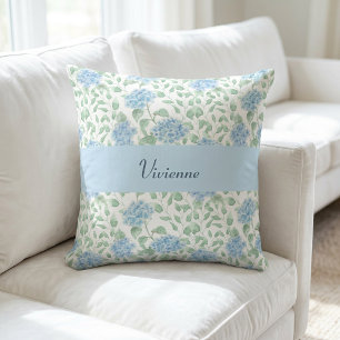 Coussin Monogramme de nom de fleur sauvage aquarelle bleu
