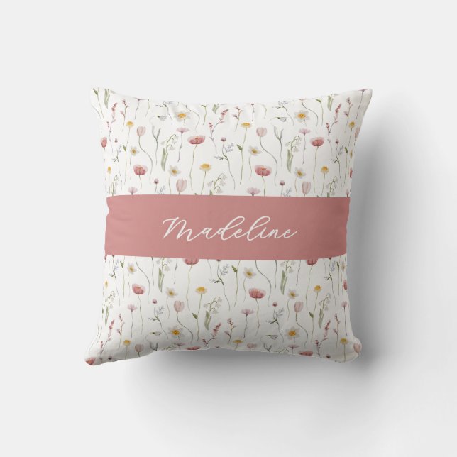 Coussin Monogramme de nom de fleur sauvage aquarelle rose  (Verso)