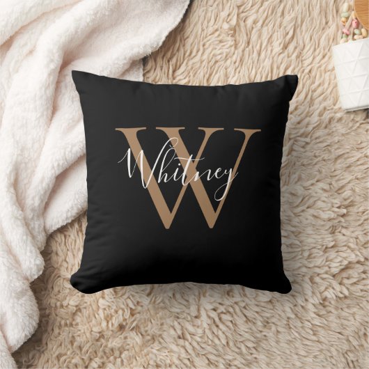 Coussin Monogramme de nom de script noir et or moderne (Couverture)