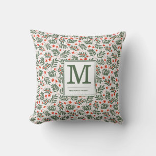 Coussin Monogramme de nom de vacances botanique vert rouge