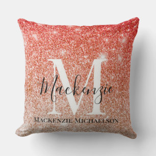 Coussin Monogramme de nom dégradé paillettes or rose éléga