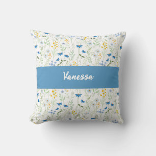 Coussin Monogramme de nom Fleur sauvage aquarelle bleue