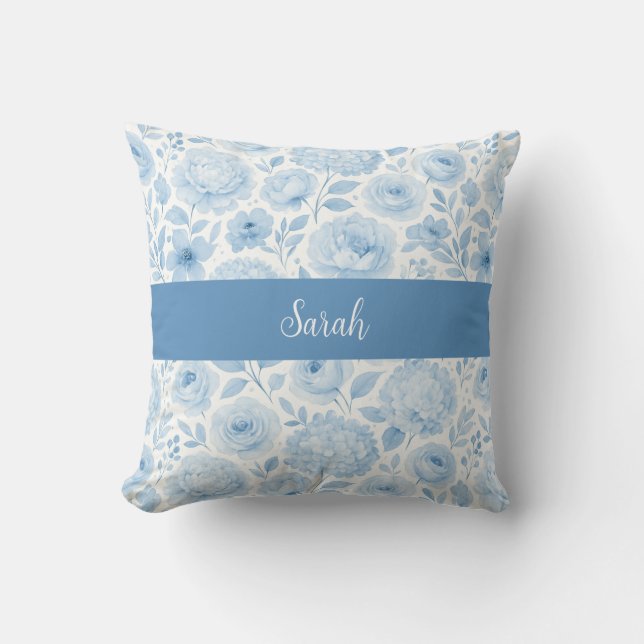 Coussin Monogramme de nom floral aquarelle bleu blanc (Recto)