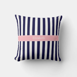 Coussin Monogramme de nom rose rayure bleu marine blanc