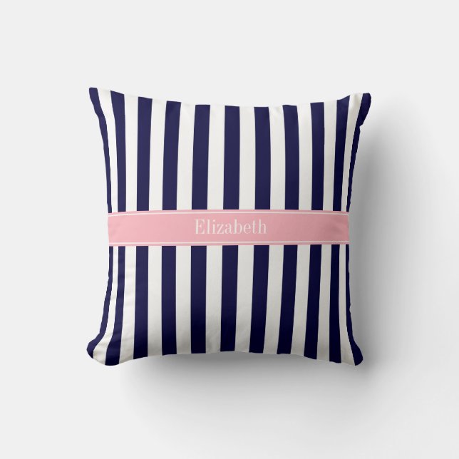 Coussin Monogramme de nom rose rayure bleu marine blanc (Recto)