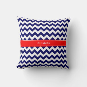 Coussin Monogramme de nom rouge en chevron zig zag bleu ma