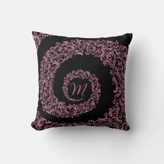 Coussin Monogramme de pêche et de Damas noir (Recto)